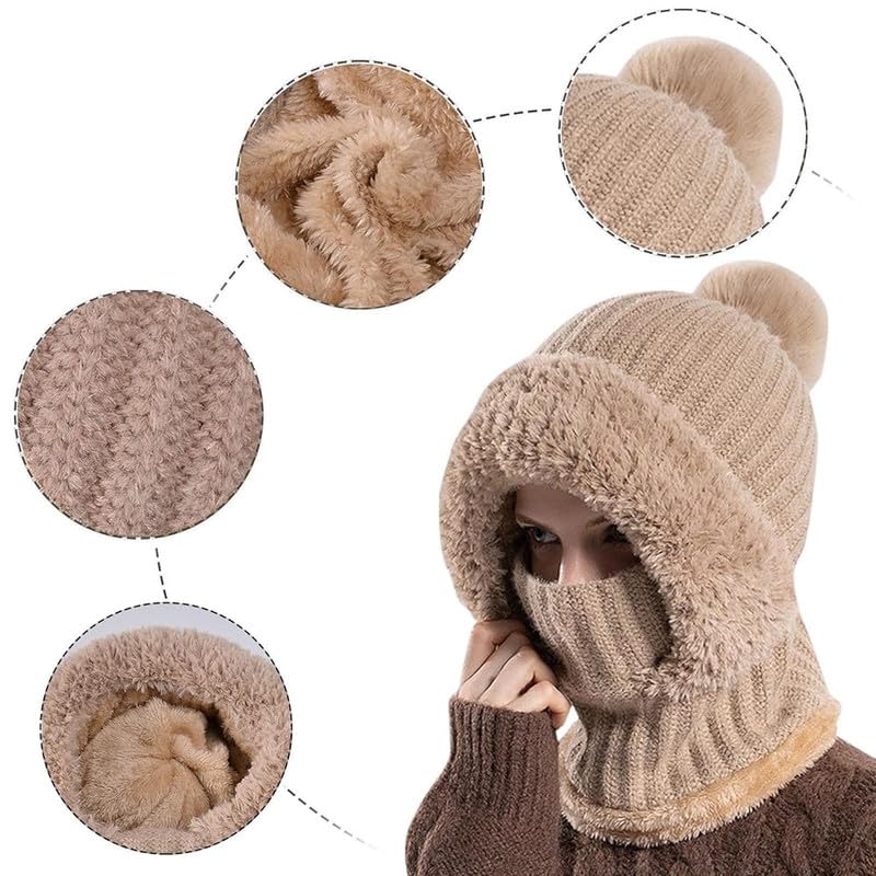 Stylish Women Beanie Hat Knitted Fuzzy Slouchy Monkey Cap with Scarf Muffler Soft Plush Velvet Fur Woolen Snow Proof Cap with Neck Warmer for Women & Girls